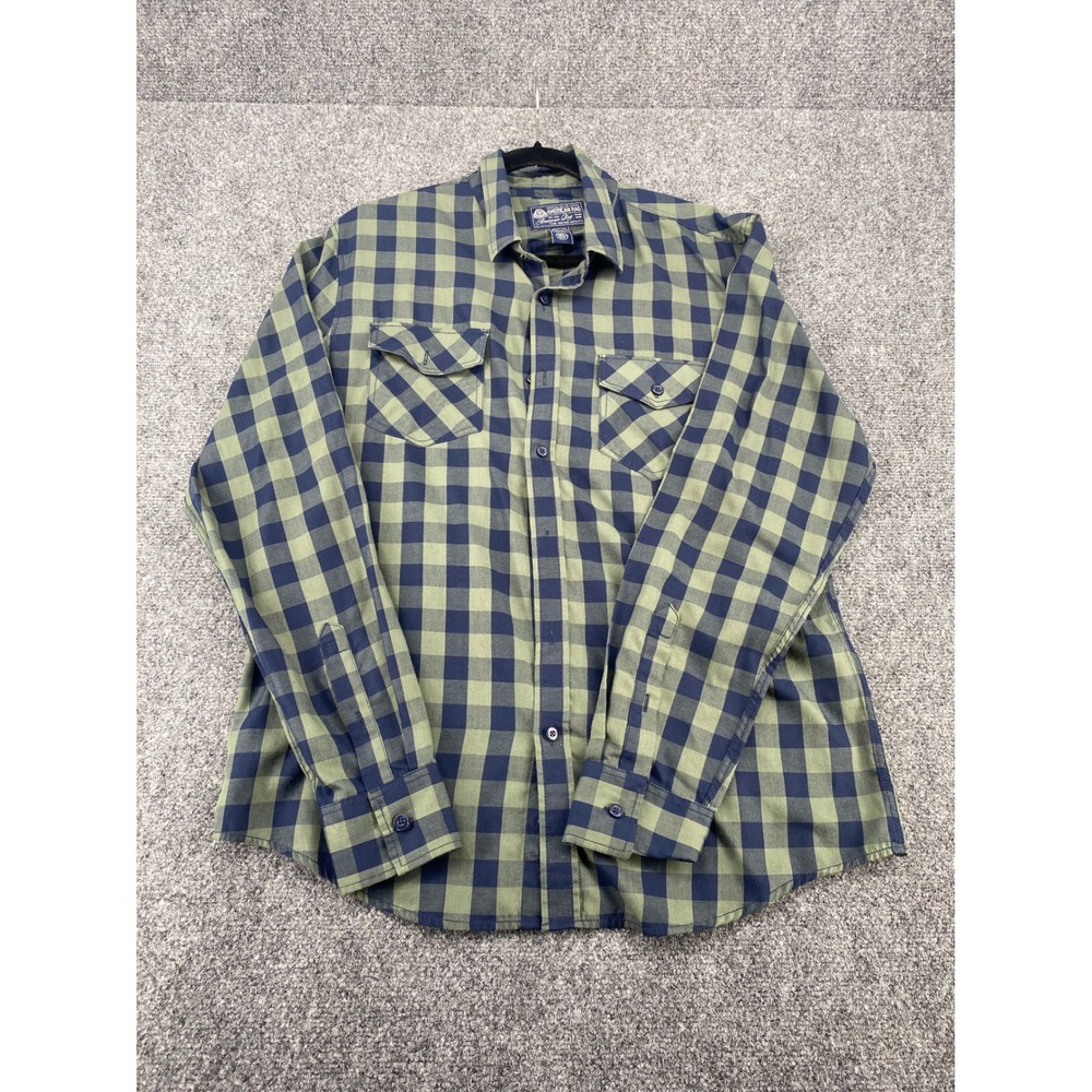American Rag Button Up Shirt Mens Large Green Navy Blue Plaid Flannel Style L/S